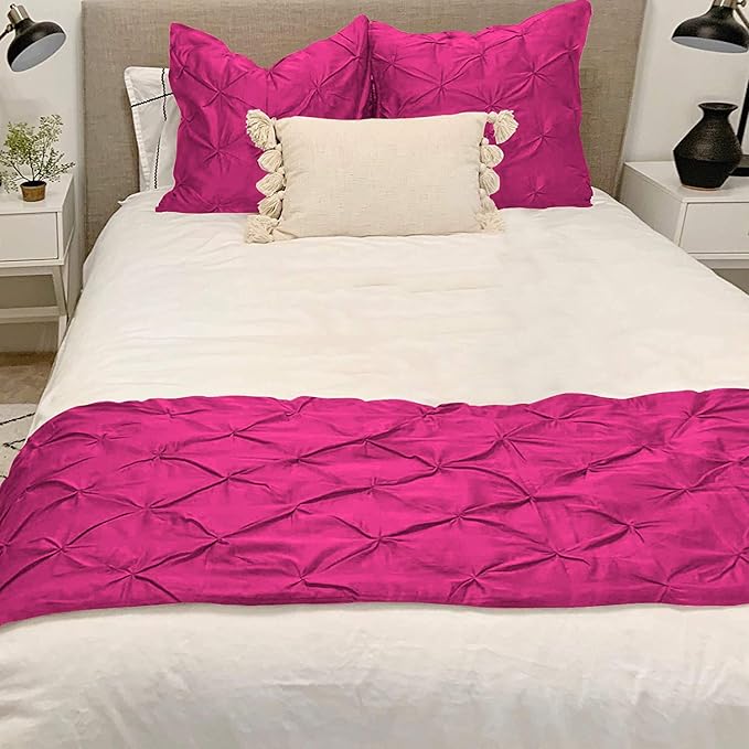Bed Runner Set - 100% Pure Cotton 800 Thread Count - Luxury 1 Pinch Pleated Bed Runner and 2 Pillow Cover - 3 Piece Pinch Pleated Bed Runner Set Twin, Hot Pink