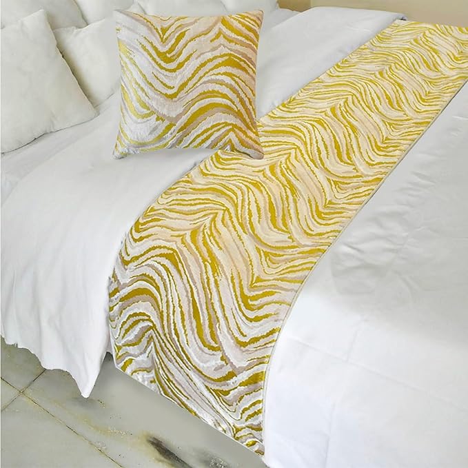 The HomeCentric King/Queen/Twin Yellow & Grey Decorative Bed Runner CA King 86"x18" Bed Runner with Two Pillow Cover, Abstract Wave Pattern Bed Scarf on Jacquard Fabric - Yellow Whirls