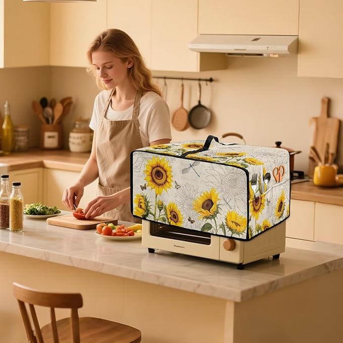Microwave Oven Dust Cover Waterproof Toaster Oven Cover with Top Handle Dust-Proof Kitchen Appliance Protector Dirt and Fingerprint Protection, Sunflower Dragonfly Butterfly Letter Print, M
