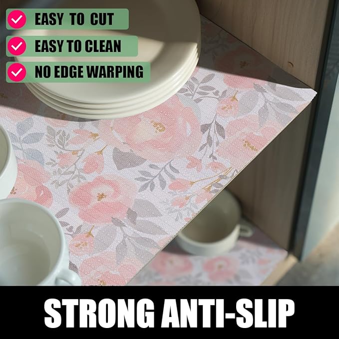 Peony Shelf and Drawer Liner for Kitchen,Non-Adhesive and Strong Non-Slip Floral Cabinet Drawer Liners for Kitchen Shelf, Waterproof Cupboard Liners,Easy to Clean,12IN x 10FT