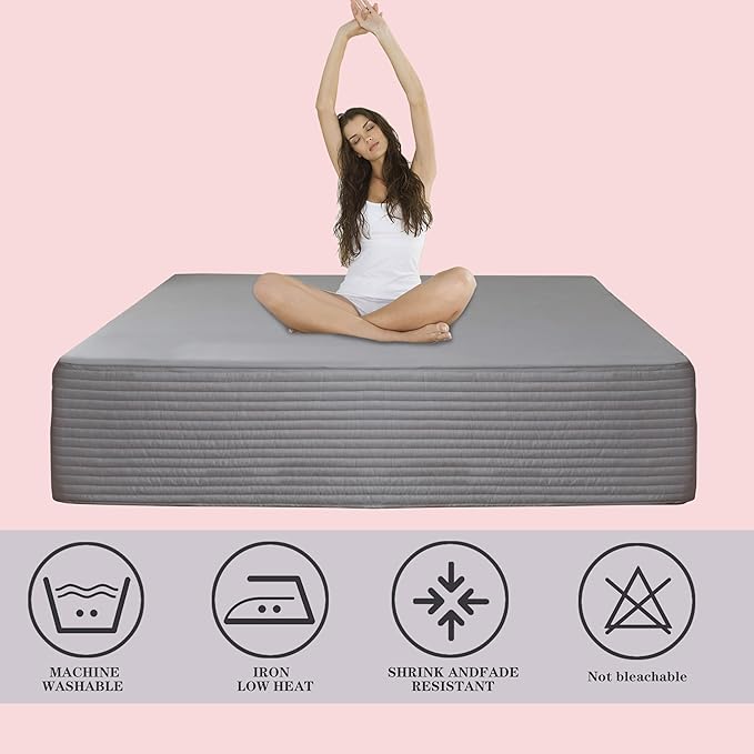 Queen Bed Skirt-Box Spring Cover with 14 Inch Tailored Drop,Wrinkle and Fade Resistant Hotel Wrap Around Bed Skirts,Bed Frame Cover (Horizontal Stripe Gray, Queen)