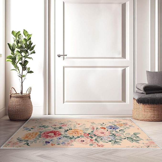 2x3 Floral Entryway Area Rug Beige Bathroom Rug Non Slip Machine Washable Low Pile Small Carpet Kitchen Bedroom Door Mat Entrance