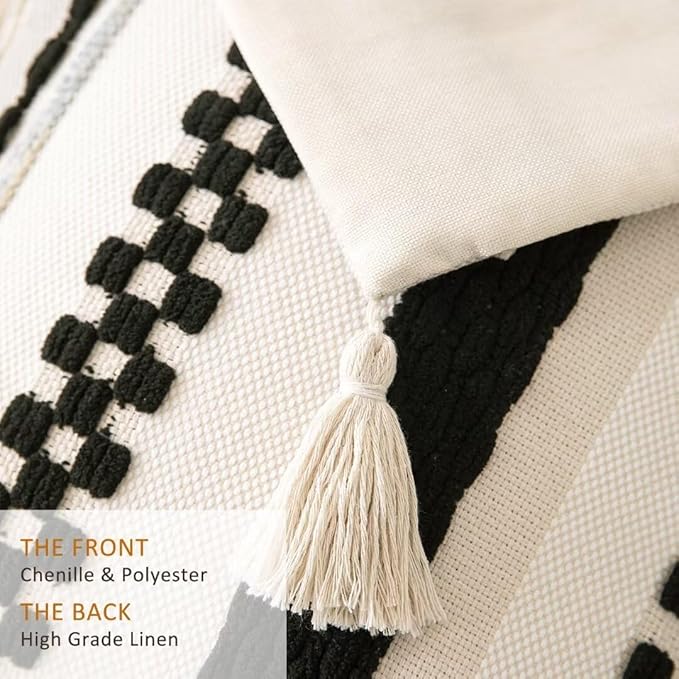 Boho Throw Pillow Covers 18x18 Set of 2 Woven Tufted Farmhouse Pillows Cover with Tassels Textured Striped Cushion Case Neutral Pillow Cases Decorative Pillowcase for Sofa Couch Bed,Black