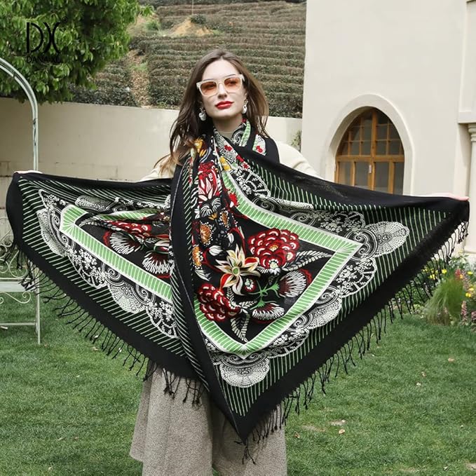 DANA XU 100% Merino Wool Extra Large Pashmina Blanket Travel Scarf Cashmere Wrap for Women Fall Winter Oversize Shawl Floral