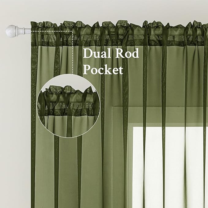 MIULEE 2 Panels Solid Color Sheer Window Curtains Elegant Window Voile Panels/Drapes/Treatment for Bedroom Living Room (54X96 Inches Olive Green)