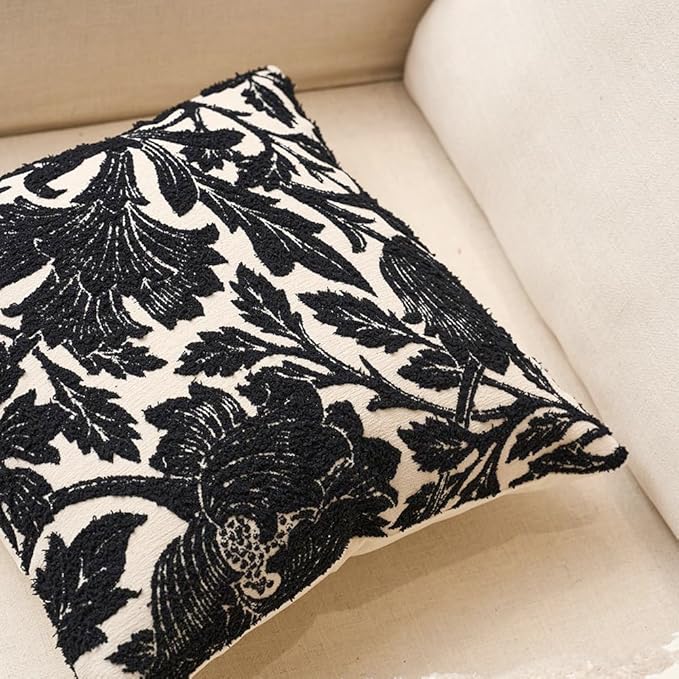 Yangest Chenille Floral Pillow Cover 18 x18 Inches, Neutral Jacquard Square Throw Pillow Cover Soft Decorative Nature Accent Couch Pillow Cover for Living Room Bedroom, Black