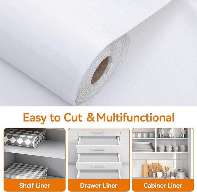Shelf and Drawer Liner for Kitchen Cabinets Non-Adhesive, Strong Grip Non-Slip Thickened Cabinet Liners for Shelves, Waterproof Mats for Dresser Cupboard, White, 12 in x 10 Feet