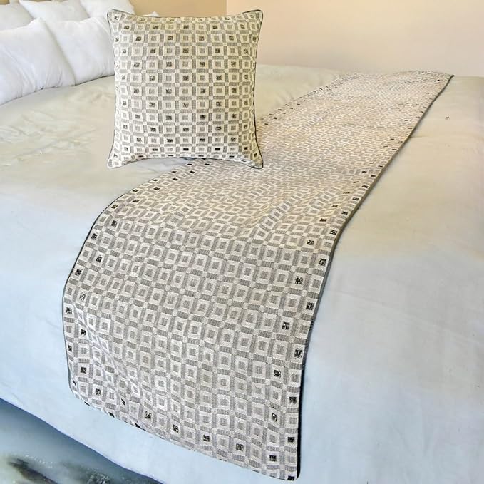 The HomeCentric King/Queen/Twin Grey Decorative King 90"x18" Bed Runner with 2 Pillow Cover, Checkered, Beaded, Hand Embroidery Bed Scarf on Velvet Fabric - The Brick Effect