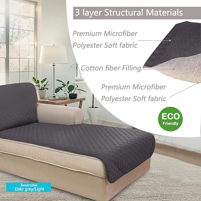 U-NICE HOME Sectional Couch Cover for Dogs Chaise Lounge Reversible Sofa Cover Furniture Protector Cover for Pets with Elastic Adjustable Strap (Chaise Lounge, Dark Grey/Dark Grey)