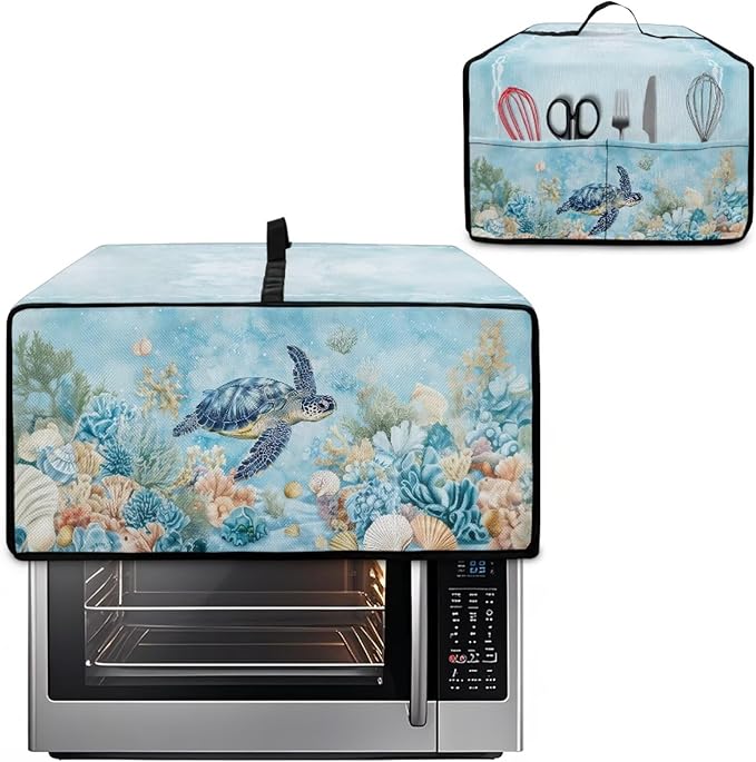 Air Fryer Toaster Oven Cover with Pockets, Dustproof Electrical Appliance Cover for Kitchen Countertop, L, 18.5 x 22.5 x 13 Inches, Sea Turtle Seashell Coral Reef Blue