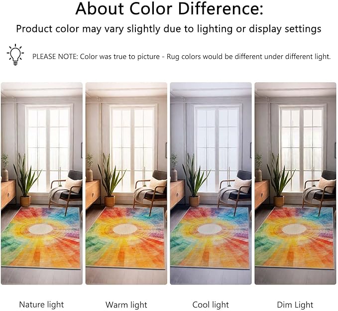 6x9 Colorful Area Rug Boho Sun Purple Red Orange Yellow Blue Green Rug Non Slip Low Pile Large Carpet for Home Kitchen Living Room Bedroom Dining Room Office