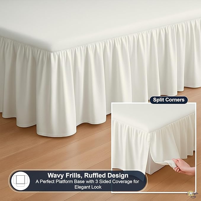 Cottington Lane Ruffled Bed Skirt Queen Size with Split Corner, Brushed Microfiber Hotel Quality Ivory Dust Ruffle, 16 Inch Drop Gathered Bedskirt, Soft and Stylish, Shrinkage and Fade Resistant