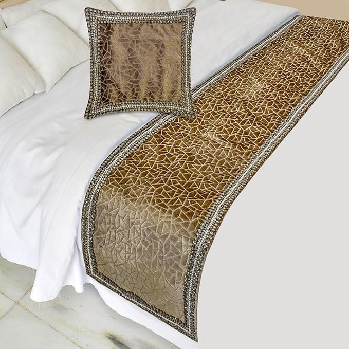 The HomeCentric King/Queen/Twin Brown Decorative Bed Runner Queen 74"x18" Bed Runner with Two Pillow Cover, Border, Crystal, Cut Velvet, Mosiac Pattern Bed Scarf on Velvet Fabric - Velvet Fusion