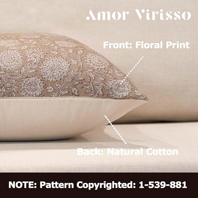 Amor Virisso Floral Pillow Covers 24x24 Throw Pillow Covers Vintage Block Print Pillow Cover Neutral Couch Pillows for Living Room Farmhouse Decorative Accent Sofa Pillows, Light Camel