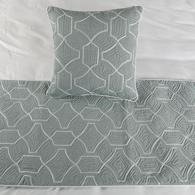 The HomeCentric King Queen Twin Grey Blue Bed Runner with Decorative Throw Pillow Cover, Full Size 68"x18" Bed Runner with Pillow Cover, Linen Quilted Embroidery, Modern Contemporary - Atmosphere