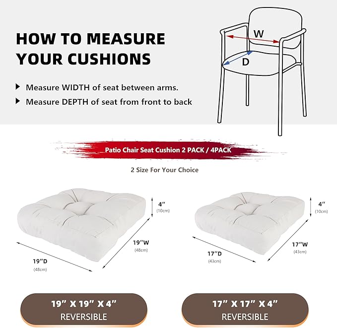 RACE LEAF 17" x 17" Patio Chair Cushions Beige - Outdoor/Indoor Tufted Memory Foam Chair Pads Set of 2, Water-Resistant Olefin Chair Seat Cushion Non-Slip Backing