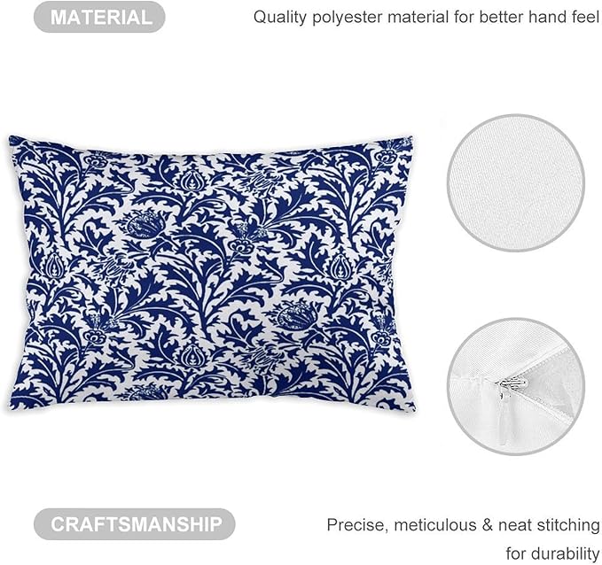 Thistle Damask Navy Blue and White William Morris Throw Pillow Covers 12x20 Inch Aesthetic Pillow Velvet Decorative Pillowcase Home Decor Living Room Cushion Case for Bed Sofa Couch