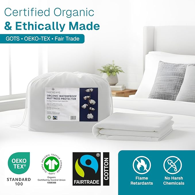 Fabdreams King Organic Cotton Mattress Protector, Waterproof, 78x82+17in, GOTS Certified, Temperature Regulating, Breathable, White