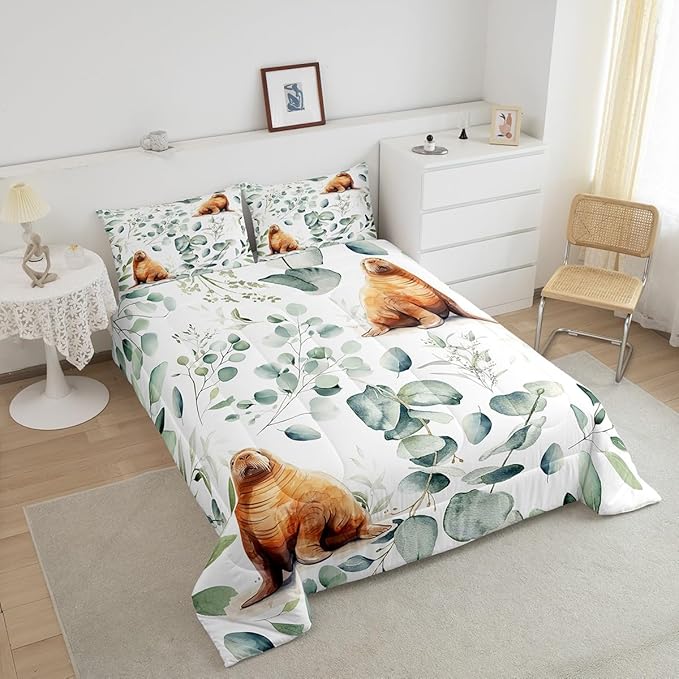 Erosebridal Cartoon Seal Full Size Comforter Set Toddler Ocean Wildlife Bedding Set, Spring Plant Down Comforter Eucalyptus Leaf Bed Set, Sea Animal Theme Quilted Duvet Kids Room Decor