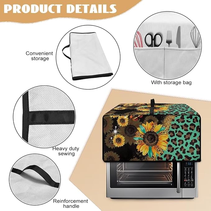 Toaster Oven Protective Cover with Side Pockets, Dustproof Smart Microwave Oven Protector for Kitchen Countertop, S, 14.5 x 18.5 x 9 Inches, Sunflower Leopard Print