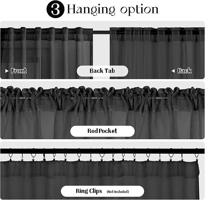 Dreaming Casa Black Sheer Curtains 96 Inches Long, Rod Pocket & Back Tab Light Filtering Textured Sheers for Living Room Bedroom, 2 Panels, Each 100" W x 96" L