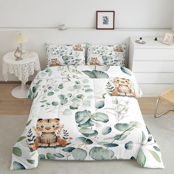 Erosebridal Kids Cute Animal Queen Size Comforter Set for Girls Boys Cartoon Tiger Bedding Set, Spring Eucalyptus Down Comforter Watercolor Leaves Bed Set, Kawaii Jungle Animal Quilted Duvet