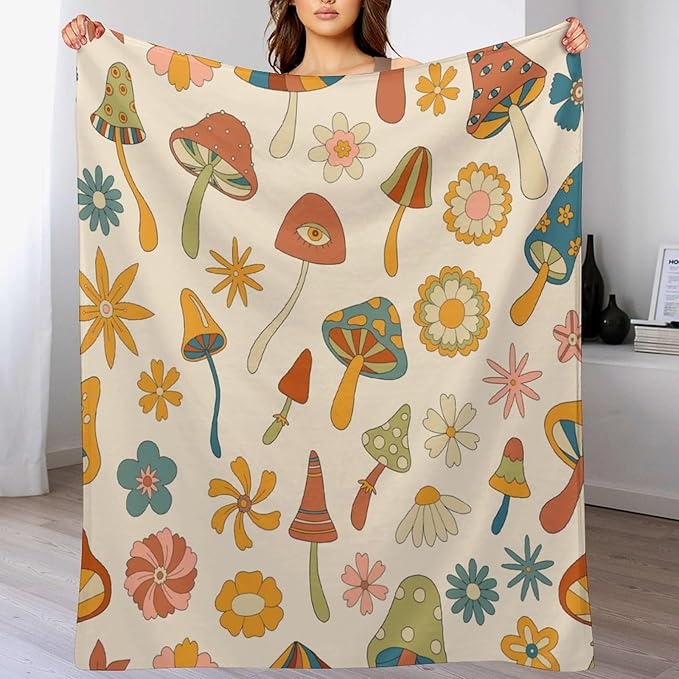 70s Mushroom Throw Blanket, Retro 60s Groovy Mushroom Boho Hippie Flowers Print Blanket for Kids Baby Bedroom Sofa Holiday Decor 30"x40"
