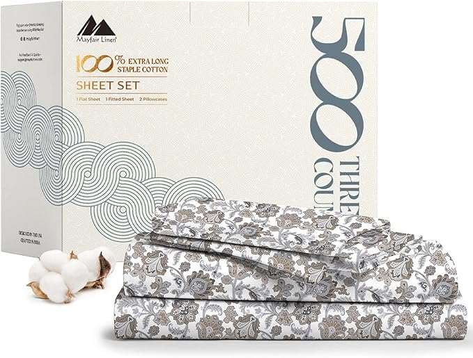 Mayfair Linen 100% Cotton Printed Bed Sheets Twin XL Set - 500 Thread Count Cotton Twin XL Sheets Only, 3 PC Set (Floral Ivory), Soft, Cooling, Sateen Weave 16" Deep Pocket Dorm Room Bedsheet