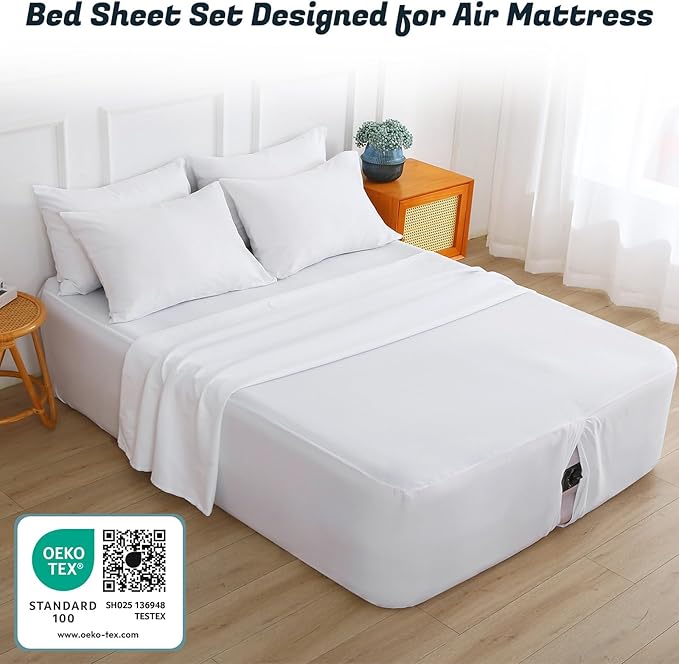 Queen Sheet Set for Air Mattress, 6 Piece Air Bed Sheets Set with 18-24 Inches Extra Deep Pocket, Soft & Breathable Inflatable Bed Sheet Set with Flat Sheet, Fitted Sheet and Pillowcases, White