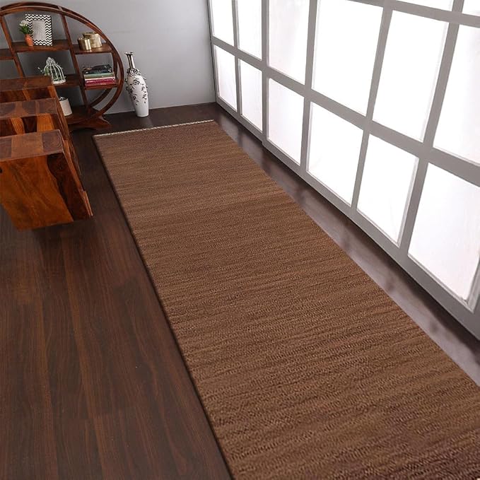 Rugsotic Carpets Hand Woven Flat Weave Kilim Wool ECO-Friendly Area Rugs - 2'6"x8', Runner Shape, Light Brown Color, Solid Plain Design, Low Pile Handmade Rugs for Living Room, Bed Room (D00111)