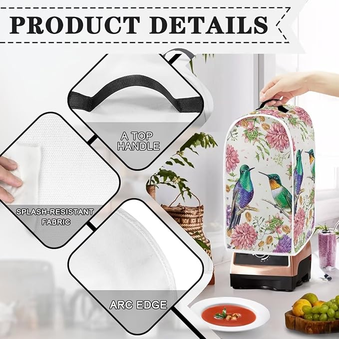 Floral Hummingbird Print Blender Covers for Kitchen,Blender Dust Cover Stand Mixer Coffee Maker Covers Anti Fingerprint Polyester Dust Proof Stain Resistant Blender Covers