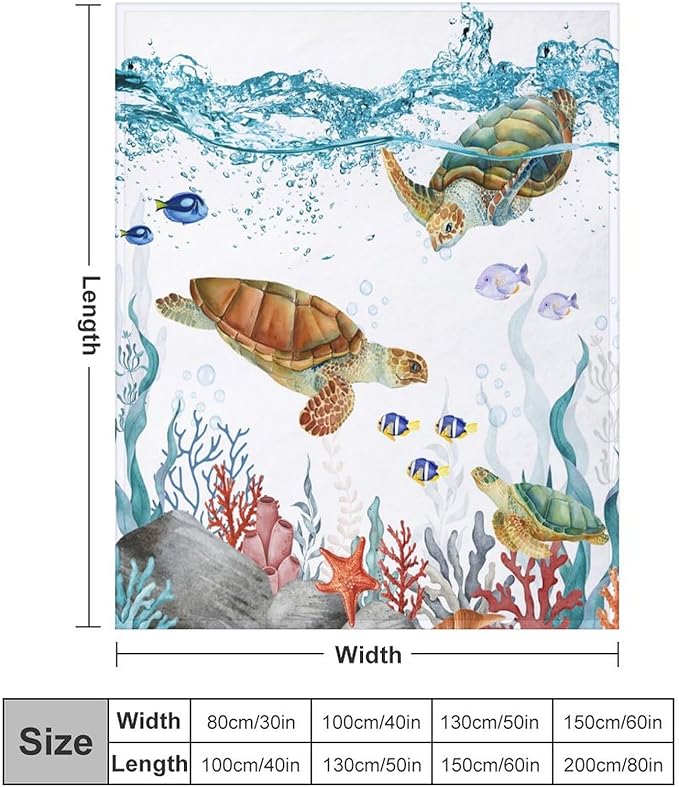 Sea Turtle Throw Blanket, Teal Blue Ocean Underwater Animal Starfish Fish Nautical Coastal Theme Fleece Flannel Blanket for Couch Sofa Bedroom Adults Kids, 40"x50"