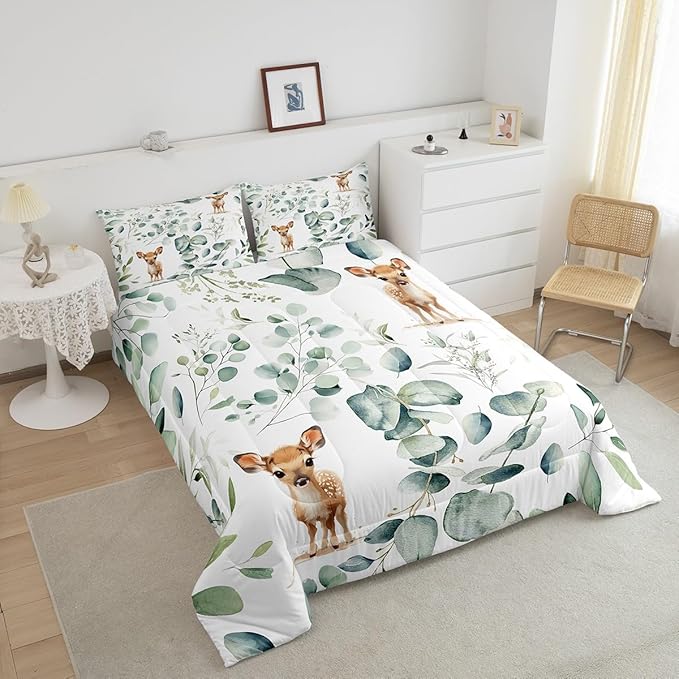 Erosebridal Cartoon Deer Queen Comforter Set Toddler Woodland Wildlife Bedding Set Queen, Plant Bedding Comforter Sets Eucalyptus Leaf Duvet Set, Jungle Animal Theme Quilted Comforter Kids Room Decor