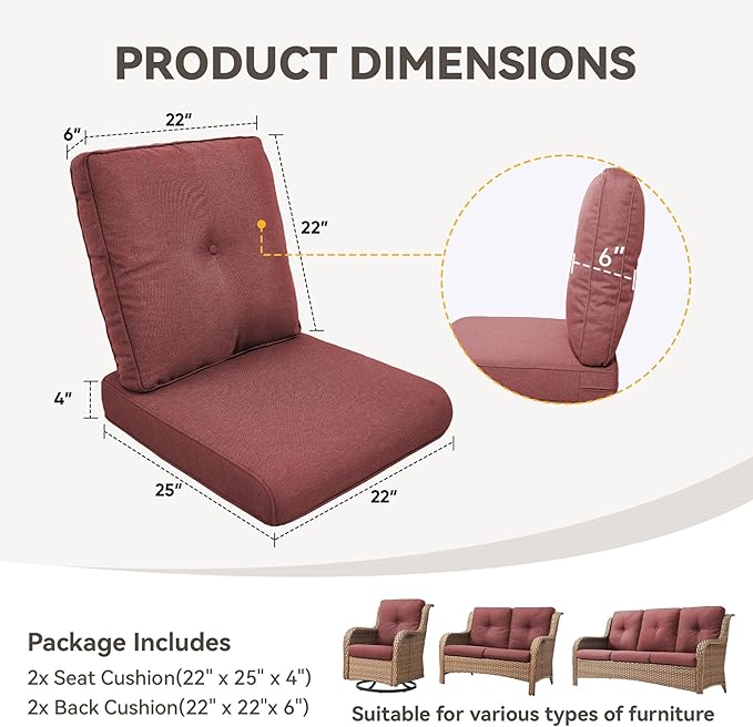 Patio Cushions for Outdoor Furniture - 22" x 25" x 4" UV Resistant Thick Foam Cushions Water Resistant Replacement Cushion for Outdoor Patio Furniture Chair/Sofa/Couch | Red | 2-Pack |