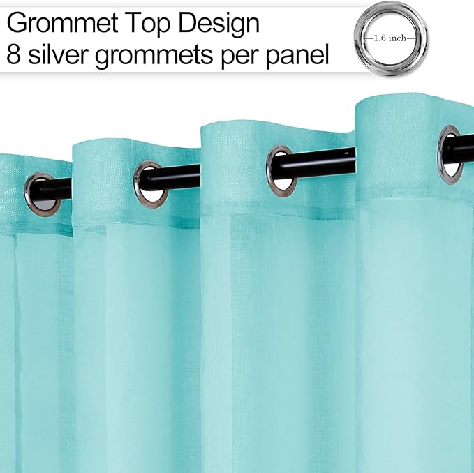 XWZO Sheer Curtains, Soft & Lightweight Faux Linen Grommet Window Curtains for Short Windows, Living Room, Kids' Room, Kitchen with Tiebacks, Mint Green, 52 x 54 Inches Length Set of 2 Panels