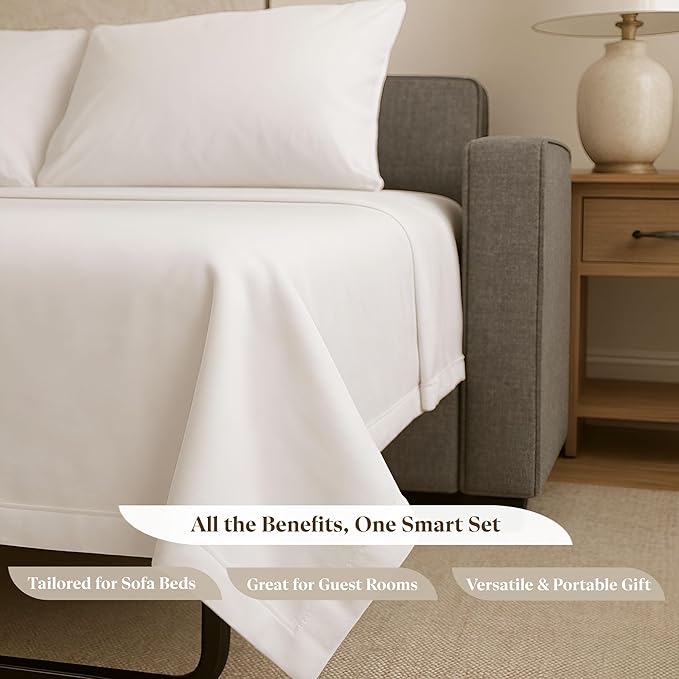 Sleeper Sofa Bed Sheet Set - Queen Size 4 PC's Sheet Set Sofa Bed Sheets - 100% Cotton 400 Thread Count Sofa Sheets - Sleeper Sofa Sheets - Fits Mattresses Up to 6" Drop - White