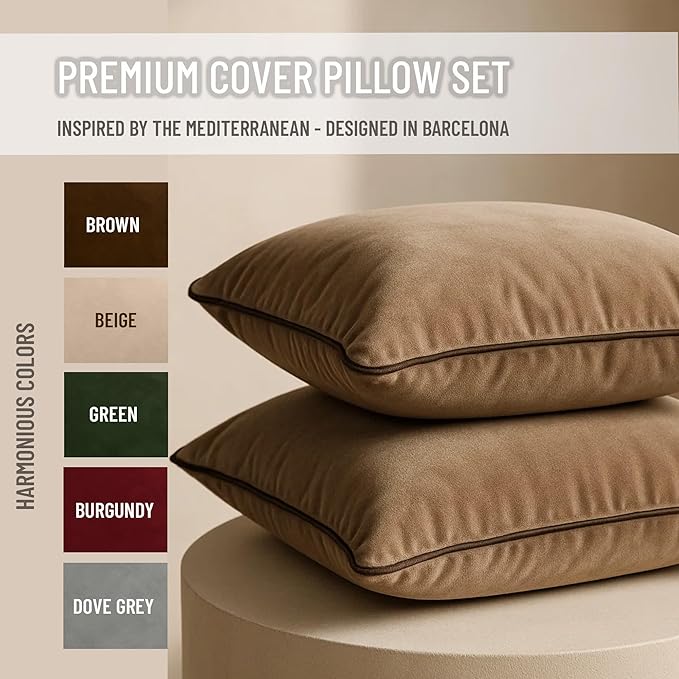 2 Pack Velvet Decorative Throw Pillow Covers, 18"x18", Camel and Brown, Solid, Modern, Contrast Piping, Indoor Use, Bedroom & Living Room