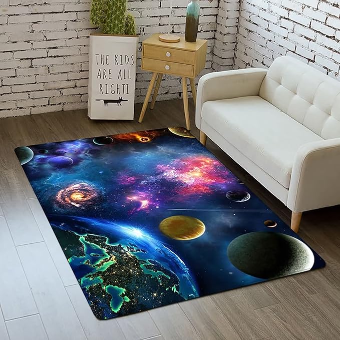 Outer Space Galaxy Area Rug for Boys Room 4x5 ft Soft Non-Slip Solar System 3D Planet Universe Rug for Kids Bedroom Living Room