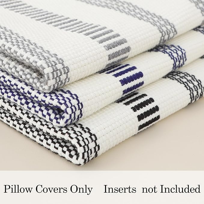 Smile Bee Boho Outdoor Couch Throw Pillow Covers Set of 2 Decorative Lumbar Thick Woven Striped Accent Neutral Pillow Covers with Tassels for Bed Sofa Home Decor 12x20 Inch, Navy Blue and Cream White