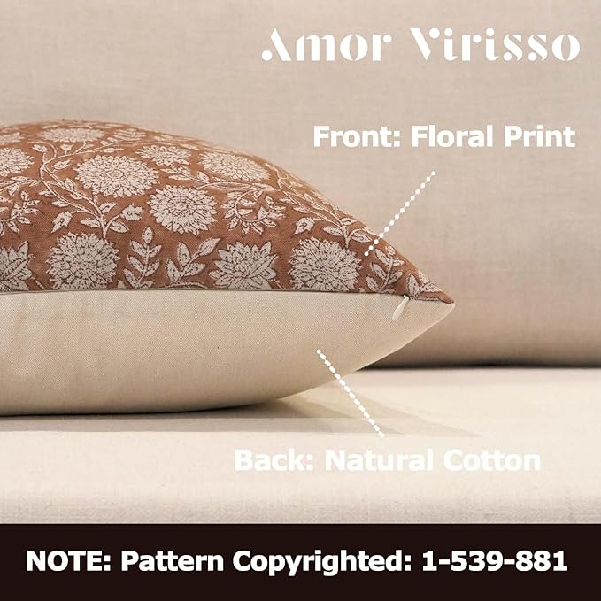 Amor Virisso Floral Throw Pillow Covers 20x20 Block Print Pillow Covers Vintage Neutral Couch Pillows for Living Room Farmhouse Decorative Accent Sofa Pillows, Brownish Orange