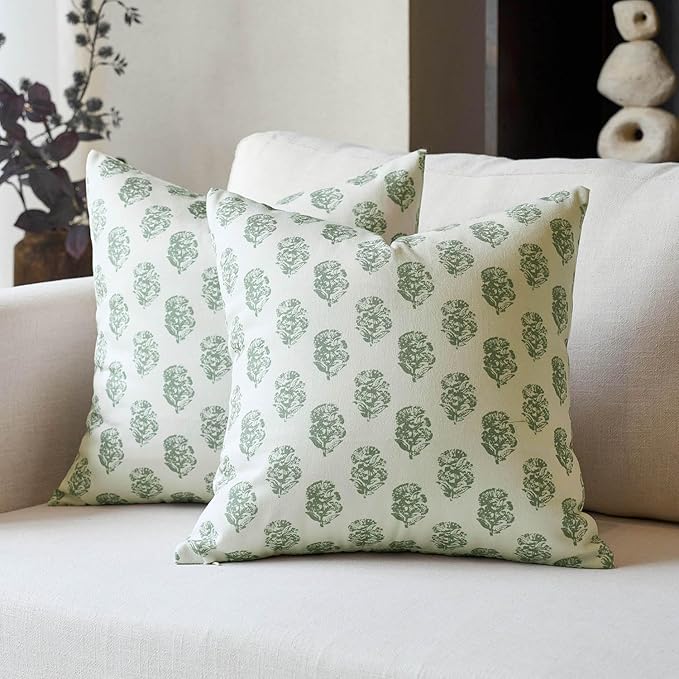 DOMVITUS Set of 2 Floral Pillow Covers 18x18, Block Print Pillow Covers Vintage Neutral Decorative Farmhouse Throw Pillow Covers for Couch Bed Living Room Sage Green