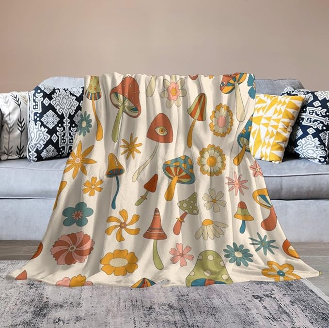70s Mushroom Throw Blanket, Retro 60s Groovy Mushroom Boho Hippie Flowers Print Blanket for Kids Baby Bedroom Sofa Holiday Decor 30"x40"