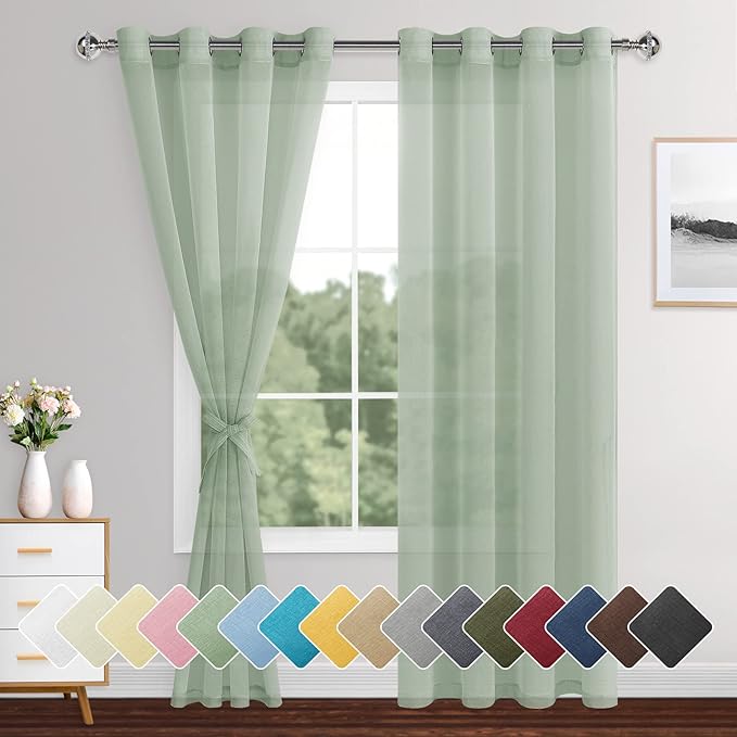 XWZO Sheer Curtains for Bedroom, Light & Airy, Grommet Top Light Filtering Window Curtains for Living Room, Sliding Glass Door, Bean Green with Tiebacks, Set of 2 Panels, 52 x 90 Inches Long