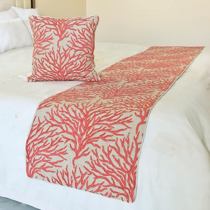 The HomeCentric King/Queen/Twin Coral, Peach & Pink Designer Full 68"x18" Bed Runner with Pillow Cover, Coral Embroidery, Pearl, Under The Sea & Beach Theme on Linen Fabric - Coraline Pearls