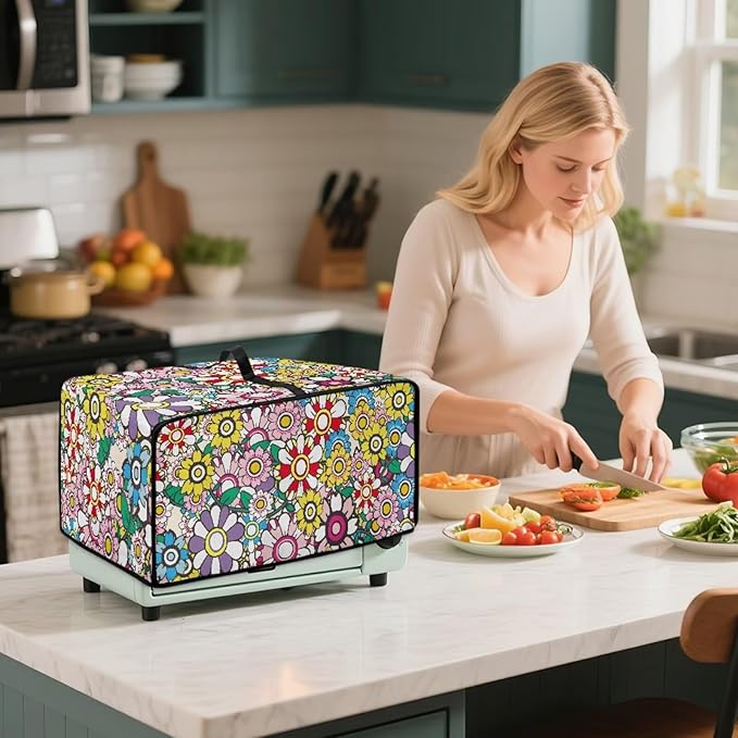 Convection Toaster Oven Dustproof Cover Countertop Air Fryer Toaster Oven Cover with Pockets, Small Appliances Protector, S, 14.5 x 18.5 x 9 Inch, Groovy Hippie Flower