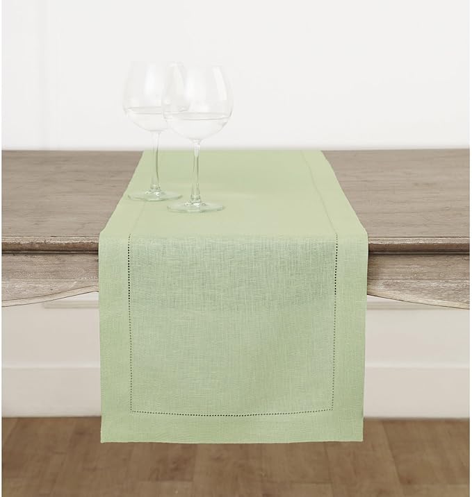 Solino Home Linen Table Runner 48 Inches - 100% Pure Linen Sage Green Hemstitch Table Runner 14 x 48 Inch Ideal for Dresser and Coffee Tables - Christmas, New Year - Classic Hemstitch