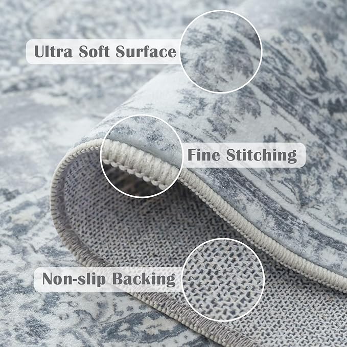 jinchan Fiora Hallway Runner Rug 3x10 Washable Runner - Vintage Floral Non Slip Low-Pile Soft Thin Faux Wool Kitchen Rug Distressed Carpet for Farmhouse Bedroom Laundry Room(3x10ft, Grey)