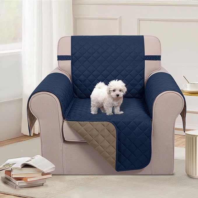 U-NICE HOME Recliner Chair Covers Reversible Chair Cover Pet Covers for Dogs with Elastic Straps Water Resistant Diamond Quilted (23''Recliner Small, Navy/Taupe)
