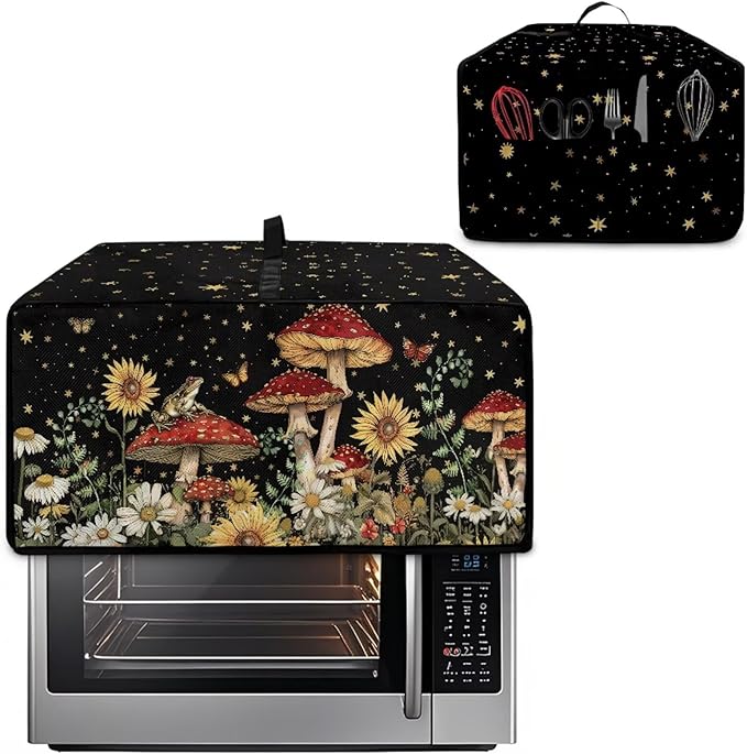 Microwave Oven Dust Cover Waterproof Toaster Oven Cover Foldable Polyester-Linen Small Appliance Dust Covers Suitable with Storage Bags, Mushroom Sunflower Daisy Star Butterfly Print, M