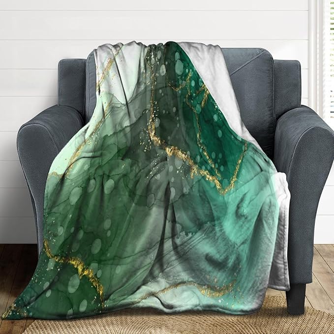 Modern Marble Blanket, Abstract Luxury Baroque Golden Lake Green Stone Veins Pattern Soft Warm Cozy Plush Flannel Covers for Livingroom Bedroom Couch Chair Camping Travel Home Decor Tapestry 50x60in